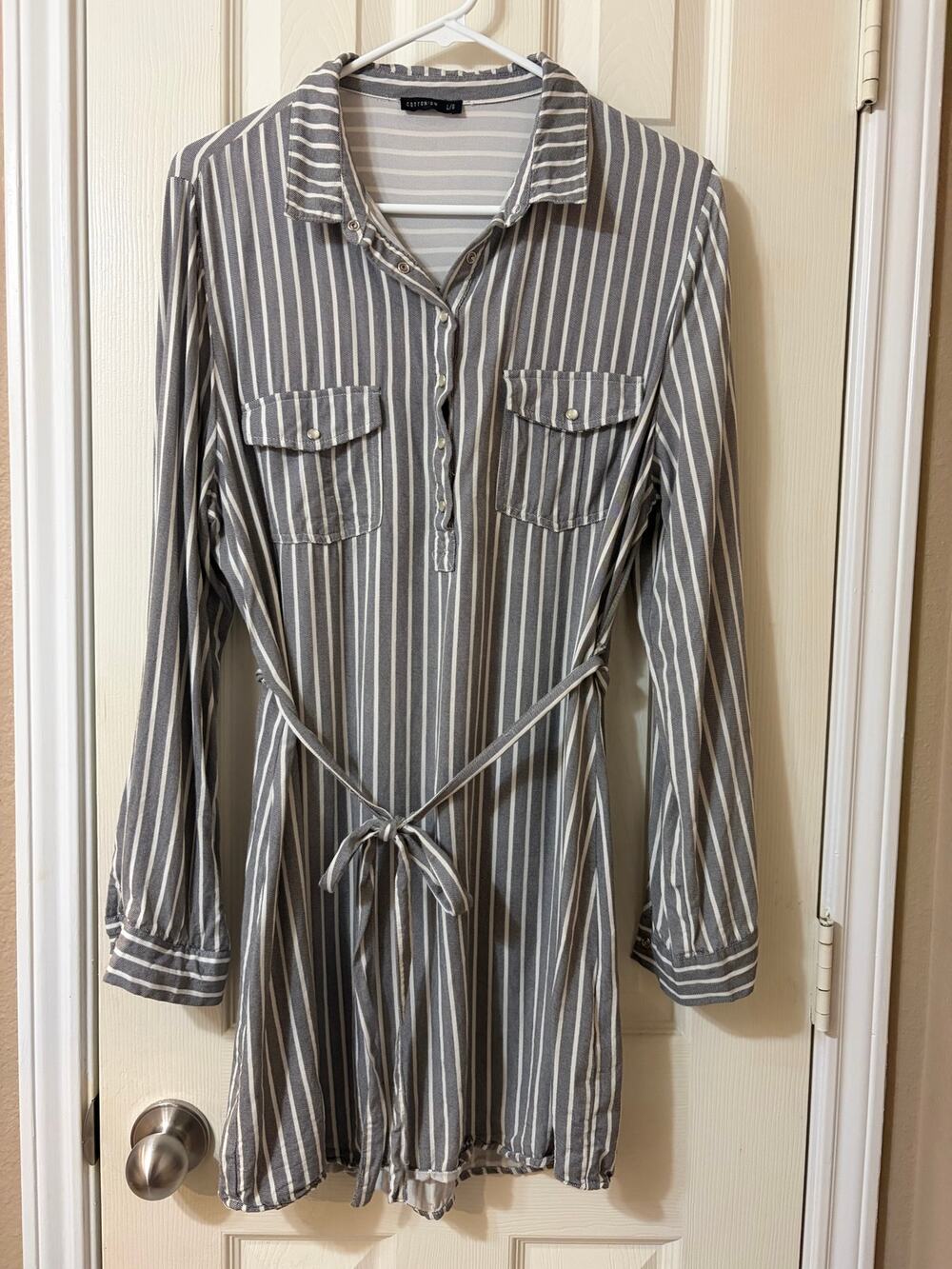 Cotton On Women’s Gray White Stripe Shirt Dress Belted Long Sleeve Size Large